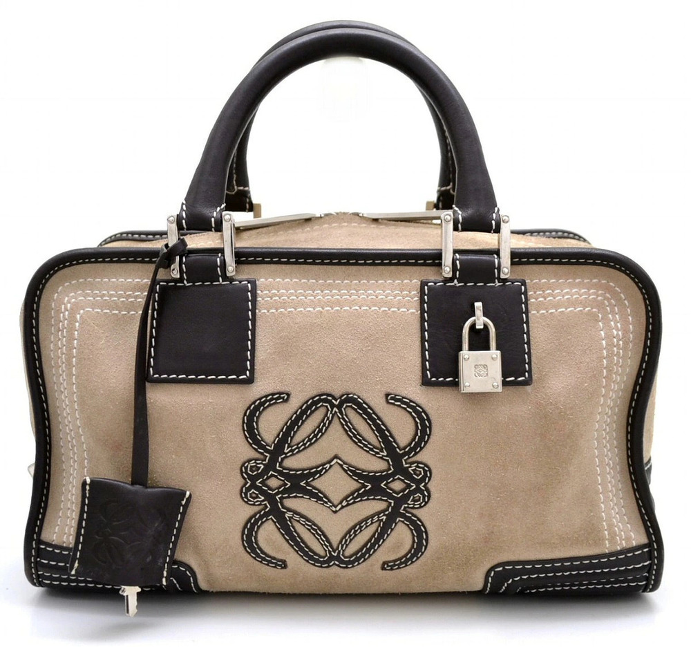 Loewe Amazona Boston Handbag Suede Leather Brown Beige Cream